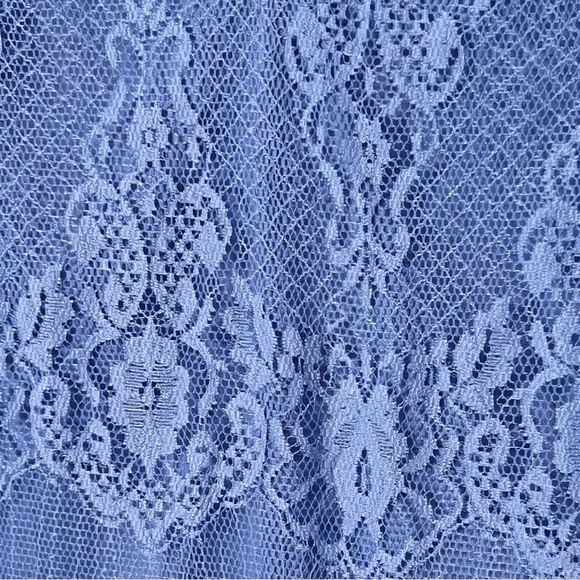 Blue Lace Front Top Size Large Sheer Chiffon Back Button Tab Sleeve Cornflower - Picture 3 of 9